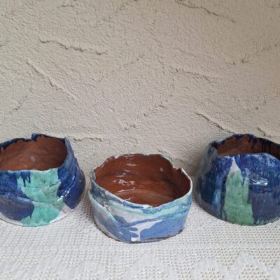 Ceramiczne trio naczyń / osłonek „Morska Głębia” – handmade
