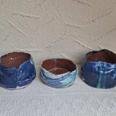 Ceramiczne trio naczyń / osłonek „Morska Głębia” – handmade