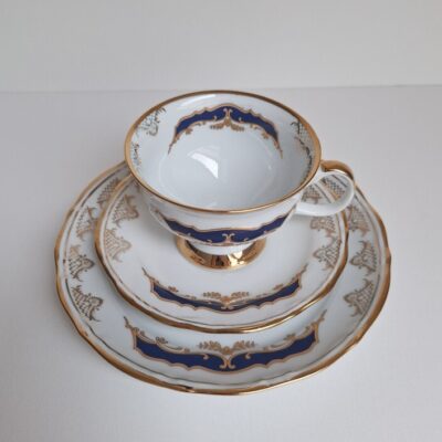 Porcelana Chodzież KAMELIA Trio Śniadaniowe Kobalt Złoto PRL