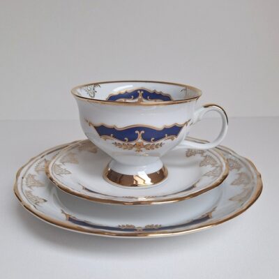 Porcelana Chodzież KAMELIA Trio Śniadaniowe Kobalt Złoto PRL