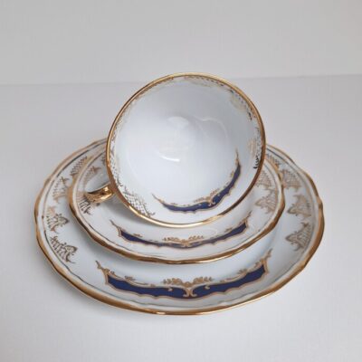 Porcelana Chodzież KAMELIA Trio Śniadaniowe Kobalt Złoto PRL