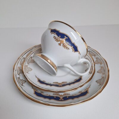 Porcelana Chodzież KAMELIA Trio Śniadaniowe Kobalt Złoto PRL