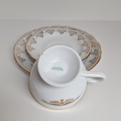Porcelana Chodzież KAMELIA Trio Śniadaniowe Kobalt Złoto PRL