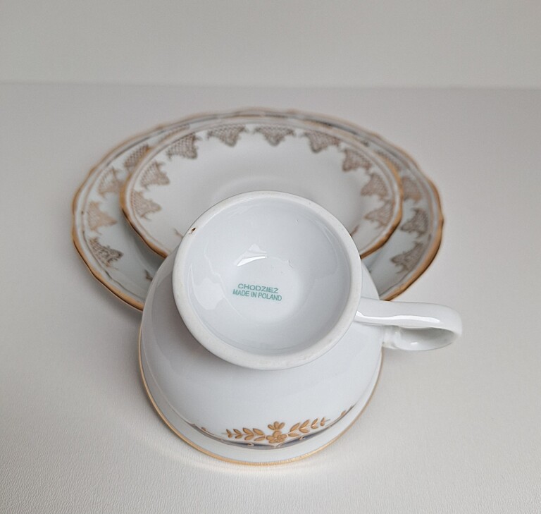 Porcelana Chodzież KAMELIA Trio Śniadaniowe Kobalt Złoto PRL