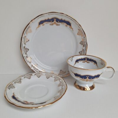Porcelana Chodzież KAMELIA Trio Śniadaniowe Kobalt Złoto PRL