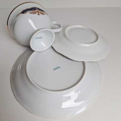 Porcelana Chodzież KAMELIA Trio Śniadaniowe Kobalt Złoto PRL