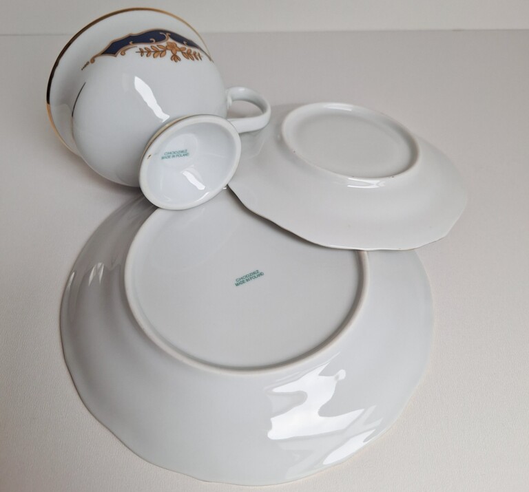 Porcelana Chodzież KAMELIA Trio Śniadaniowe Kobalt Złoto PRL