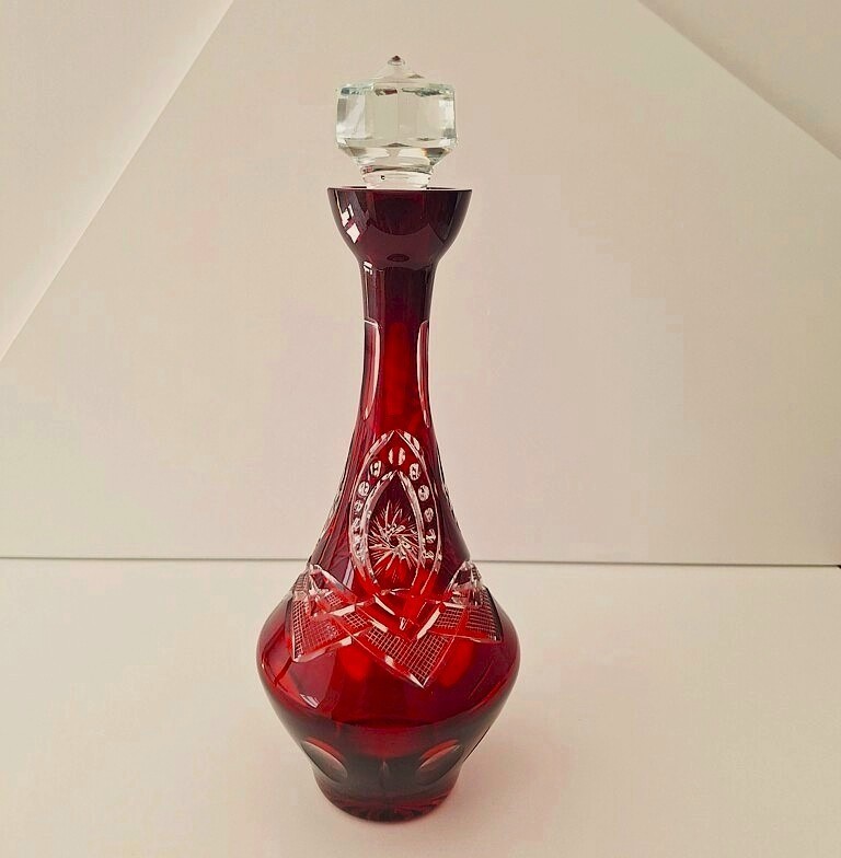 Luksusowa Karafka Kryształowa Rubinowa – Vintage Bohemia