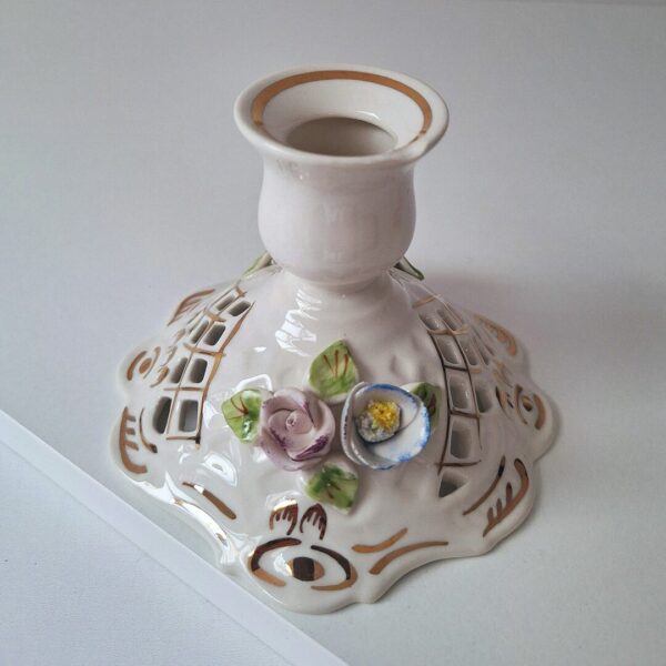 Porcelanowy Świecznik Vintage Fena Porzellan Kwiaty i Złocenia