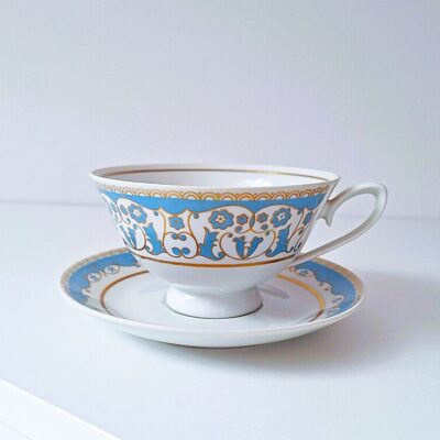 Porcelanowa Filiżanka ze Spodkiem CP Lettin Błękit i Złoto Vintage