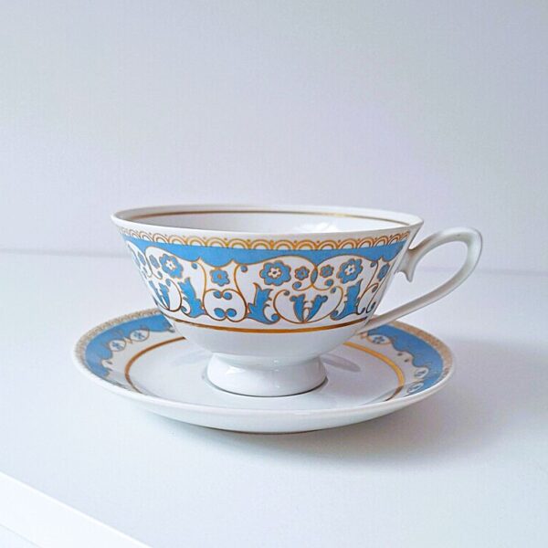 Porcelanowa Filiżanka ze Spodkiem CP Lettin Błękit i Złoto Vintage