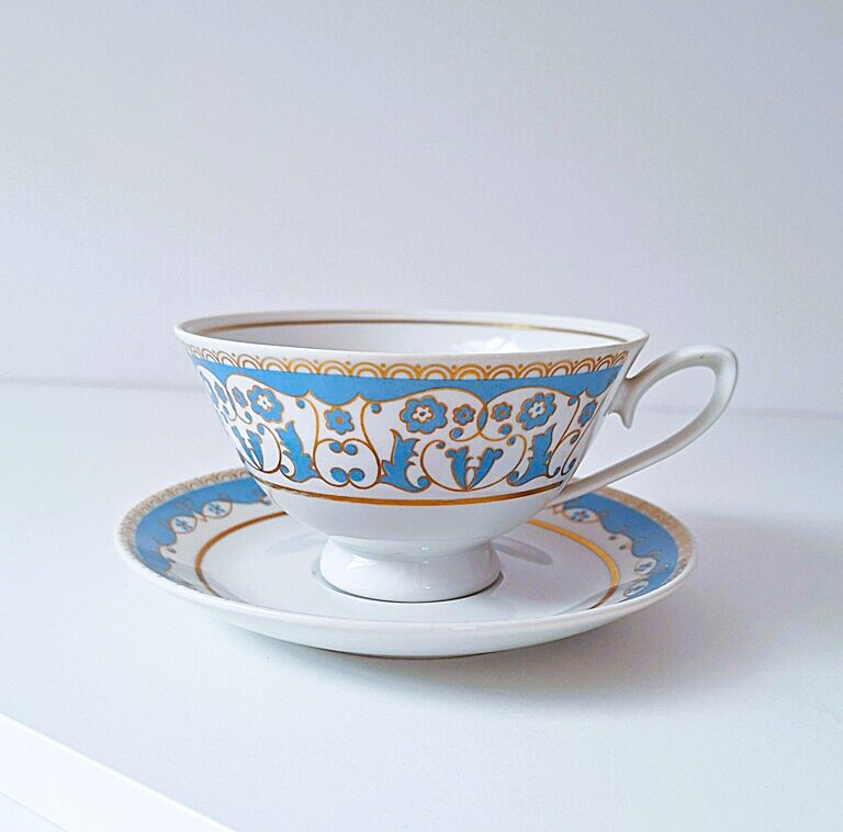 Porcelanowa Filiżanka ze Spodkiem CP Lettin Błękit i Złoto Vintage