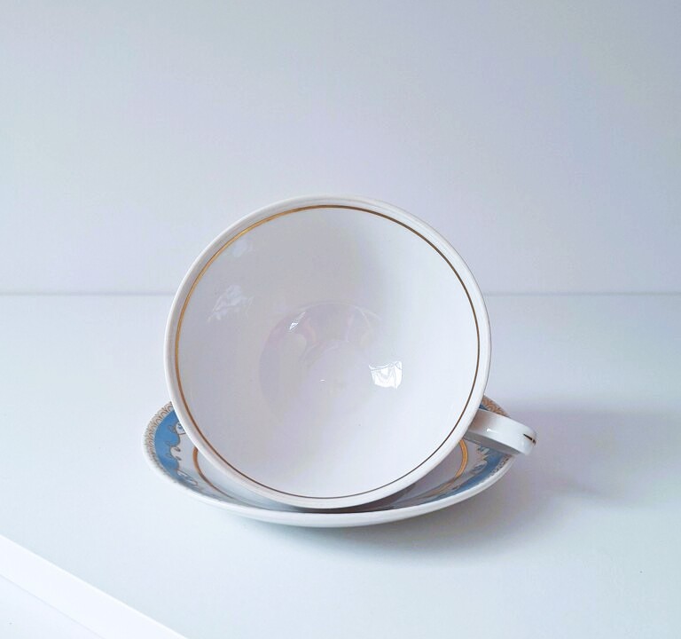 Porcelanowa Filiżanka ze Spodkiem CP Lettin Błękit i Złoto Vintage