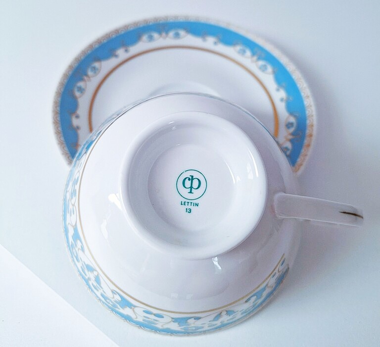 Porcelanowa Filiżanka ze Spodkiem CP Lettin Błękit i Złoto Vintage