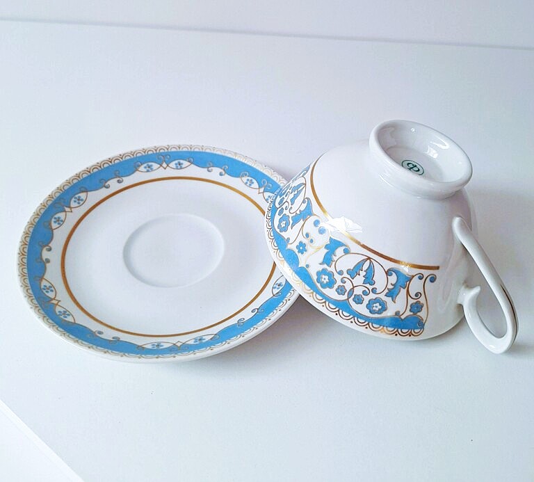 Porcelanowa Filiżanka ze Spodkiem CP Lettin Błękit i Złoto Vintage