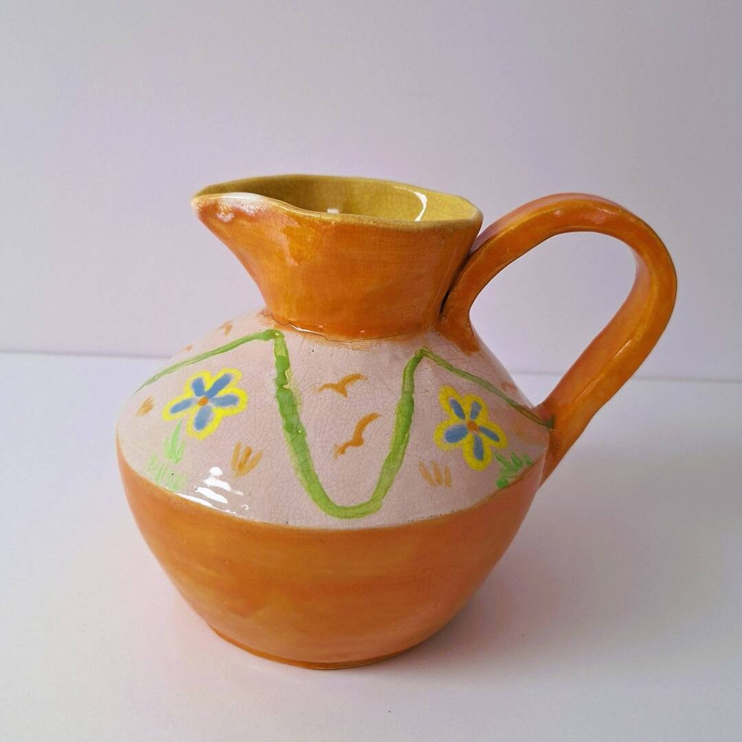Ceramiczny Dzbanek Ręcznie Malowany Pomarańczowy w Kwiaty