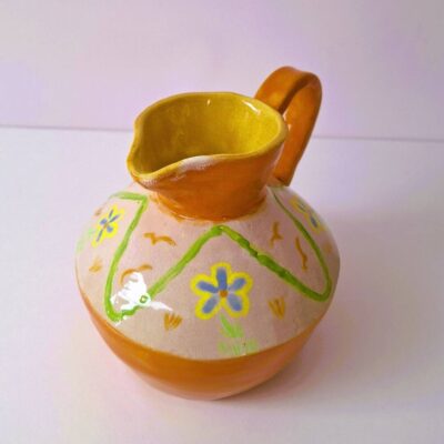 Ceramiczny Dzbanek Ręcznie Malowany Pomarańczowy w Kwiaty