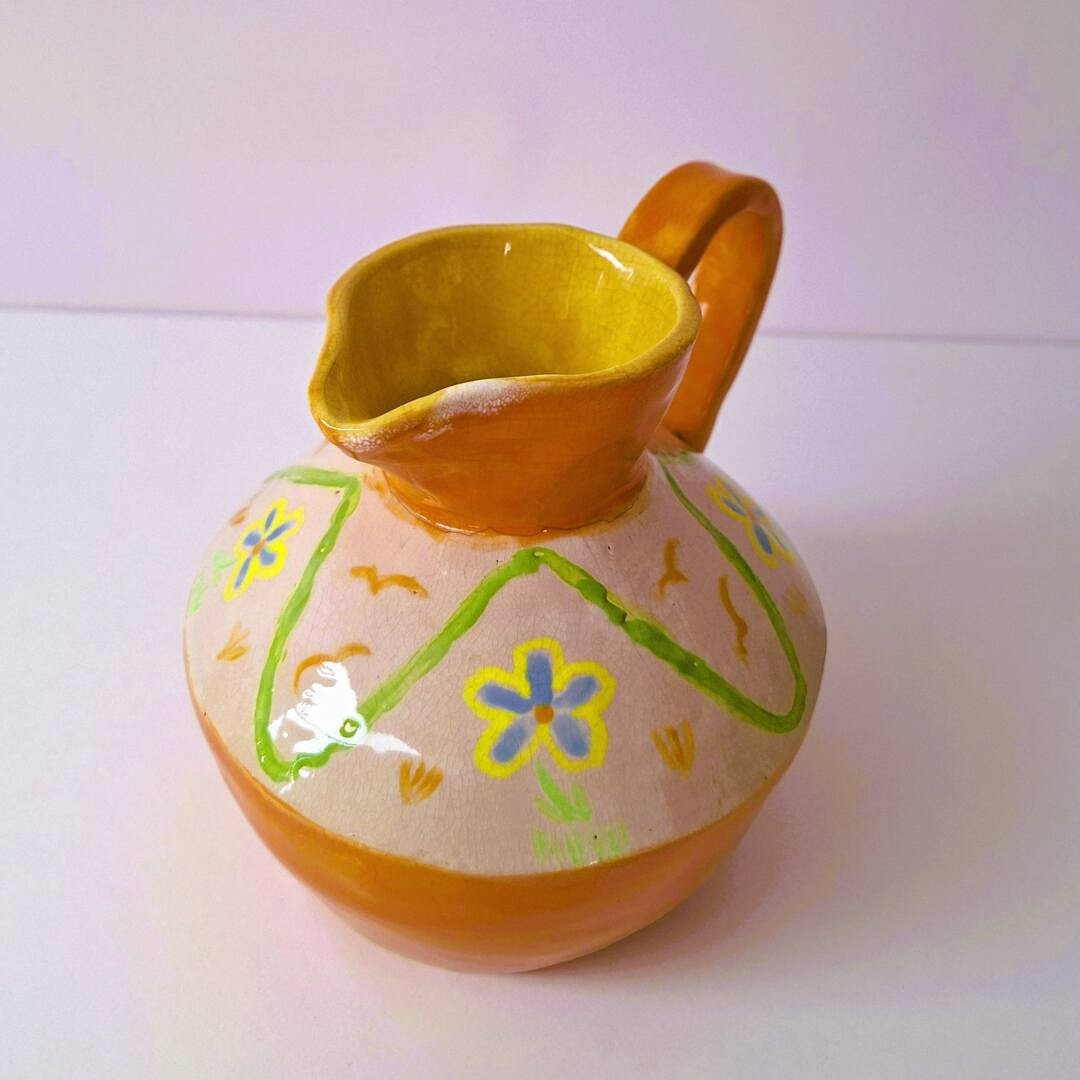 Ceramiczny Dzbanek Ręcznie Malowany Pomarańczowy w Kwiaty