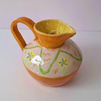 Ceramiczny Dzbanek Ręcznie Malowany Pomarańczowy w Kwiaty