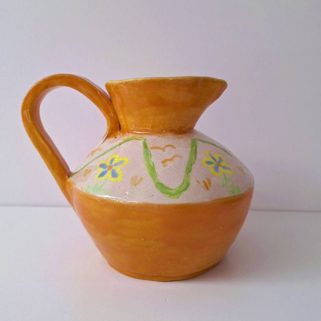 Ceramiczny Dzbanek Ręcznie Malowany Pomarańczowy w Kwiaty