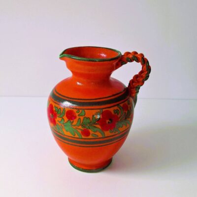 Ceramiczny wazon, dzbanek vintage z uchem warkocz - folk design