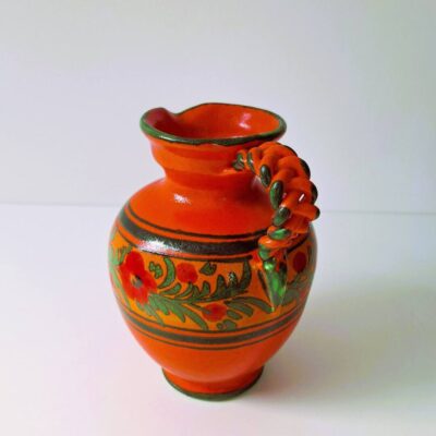 Ceramiczny wazon, dzbanek vintage z uchem warkocz - folk design