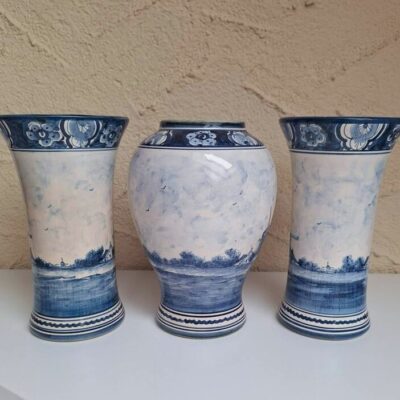 Komplet 3 wazonów Delft Holland – Rękodzieło, Sygnowane
