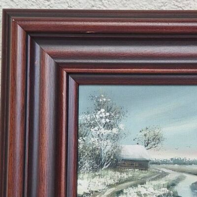 Zimowy pejzaż wiejski z chatką – urokliwy obraz vintage