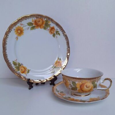 Vintage Trio śniadaniowe Winterling Bavaria - Żółte róże i złoto