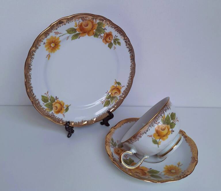 Vintage Trio śniadaniowe Winterling Bavaria - Żółte róże i złoto