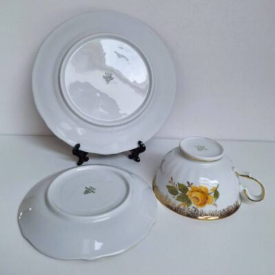 Vintage Trio śniadaniowe Winterling Bavaria - Żółte róże i złoto