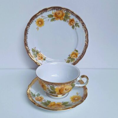Vintage Trio śniadaniowe Winterling Bavaria - Żółte róże i złoto