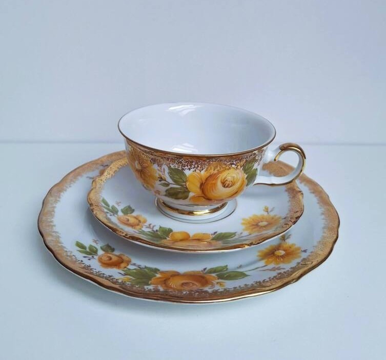 Vintage Trio śniadaniowe Winterling Bavaria - Żółte róże i złoto