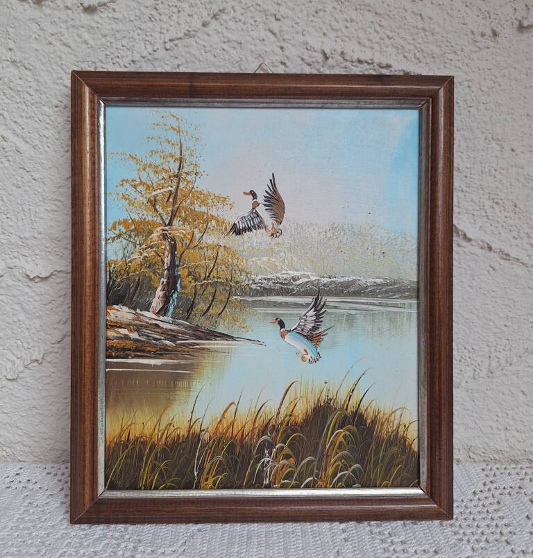 Stary obraz vintage "Dzikie kaczki w locie" - Drewniana rama