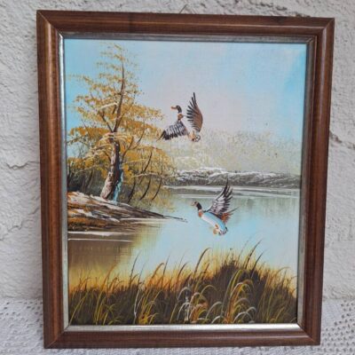 Stary obraz vintage "Dzikie kaczki w locie" - Drewniana rama