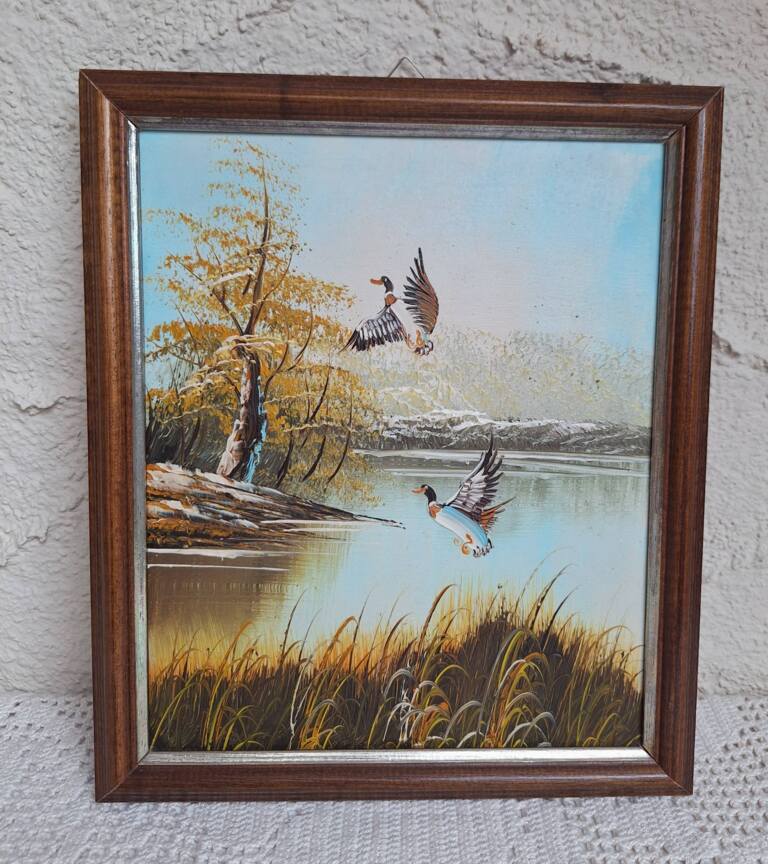 Stary obraz vintage "Dzikie kaczki w locie" - Drewniana rama